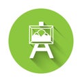 White Auction painting icon isolated with long shadow background. Auction bidding. Sale and buyers. Green circle button