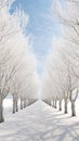 A white avenue trees going into white avenue in the distance white sky Generative AI Royalty Free Stock Photo