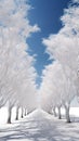 A white avenue trees going into white avenue in the distance white sky Generative AI Royalty Free Stock Photo