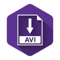 White AVI file document icon. Download AVI button icon isolated with long shadow. Purple hexagon button Royalty Free Stock Photo