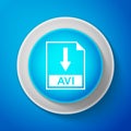 White AVI file document icon isolated on blue background. Download AVI button sign. Circle blue button with white line Royalty Free Stock Photo