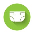 White Baby absorbent diaper icon isolated with long shadow. Green circle button. Vector