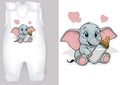 White Baby Rompers with a Cartoon Motif of a Elephant