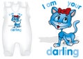 White Baby Rompers with a Cartoon Motif of a Kitten