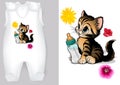 White Baby Rompers with a Cartoon Motif of a Kitty with Baby Bottle