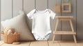 White baby short sleeve bodysuit mockup in minimal interior. Blank gender neutral newborn bodysuit. Generative AI Royalty Free Stock Photo