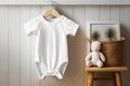 White baby short sleeve bodysuit mockup in minimal interior. Blank gender neutral newborn bodysuit mock up template. AI generated