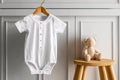 White baby short sleeve bodysuit mockup in minimal interior. Blank gender neutral newborn bodysuit mock up template. AI generated