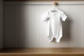 White baby short sleeve bodysuit mockup in minimal interior. Blank gender neutral newborn bodysuit mock up template. AI generated