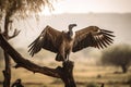 White-backed Vulture (Gyps africanus) spreading wings standing on a branch