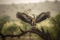 White-backed Vulture (Gyps africanus) spreading wings standing on a branch