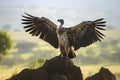 White-backed Vulture (Gyps africanus) spreading wings standing on a branch