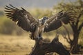 White-backed Vulture (Gyps africanus) spreading wings standing on a branch