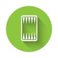 White Backgammon board icon isolated with long shadow. Green circle button. Vector