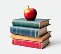 The white background is adorned with large piles of books with apples Royalty Free Stock Photo
