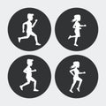 White background with black circles set of silhouettes of men and women athletes running