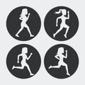 White background with black circles set of silhouettes of women athletes running