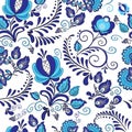 White background. Blue beautiful flowers. Motifs of decorative art. Seamless pattern.