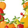 White background with border of different types of delicious fruits