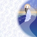 White background with bridegroom, bride, pigeons, sea, sun and sunrise. Royalty Free Stock Photo