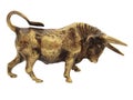 The bronze figurine of a bull on a white background.