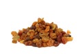 On a white background are a bunch of brown raisins. Royalty Free Stock Photo