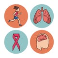 White background with circular frames of woman running and lungs and brain and pink ribbon breast cancer