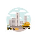 White background with circular scene city landscape and dump truck with mini earth move
