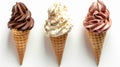 On a white background with a clipping path, chocolate, vanilla and strawberry ice cream is presented in a cone. Royalty Free Stock Photo