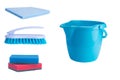 On a white background, close-up of a blue bucket, brush, sponges and rags, for cleaning