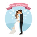 White background with color circular frame poster of newly married couple kissing