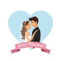 White background with color heart shape frame poster of couple just married