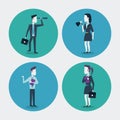 White background with colorful circle frames of businesswoman and businessman with monocular folder megaphone and