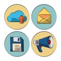White background with colorful circles with marketing icons mail and floppy disk and megaphone and cloud upload