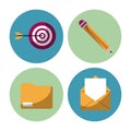 White background with colorful circles with team work icons as target and pencil and folder and mail