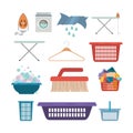 White background of colorful set elements of laundry and cleaning items of wash machine