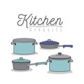 White background with colorful set of kitchen pots and pans with lids kitchen utensils