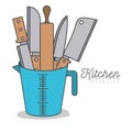 White background with colorful set knifes and roll wooden kitchen utensils in jar