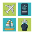 White background with colorful squares with traveling icons