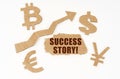 On a white background, currency symbols, an arrow and a cardboard box with the inscription - Success Story