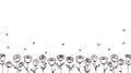 White background decorated with black line doodle, rose, and hearts. Flower roses hand-drawn with space for your graphic.