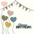 White background with decorative flags to party and decorative balloons in the shape of a heart with text happy birthday