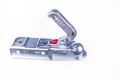on a white background. a device for coupling a trailer and a car. silver-colored metal products Royalty Free Stock Photo