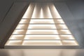White background. Dramatic light rays and shadows. Geometric shapes interior. Platforms with window panes and spotlights.