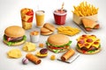 white background filled with various types of junk food