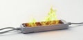 White background with a fire in an overloaded power strip, burning hazard, overheating, electrical issue Royalty Free Stock Photo