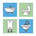 White background with frames of bathroom elements as sinks and water heater and toilet and bathtub