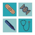 White background with frames of health control with band aid and dna chain, thermometer and stethoscope