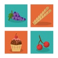 White background with frames of picnic elements with bunch of grapes and french bread and cupcake and cherries