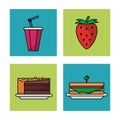 White background with frames of picnic elements with drink and strawberry fruit and pie and sandwich